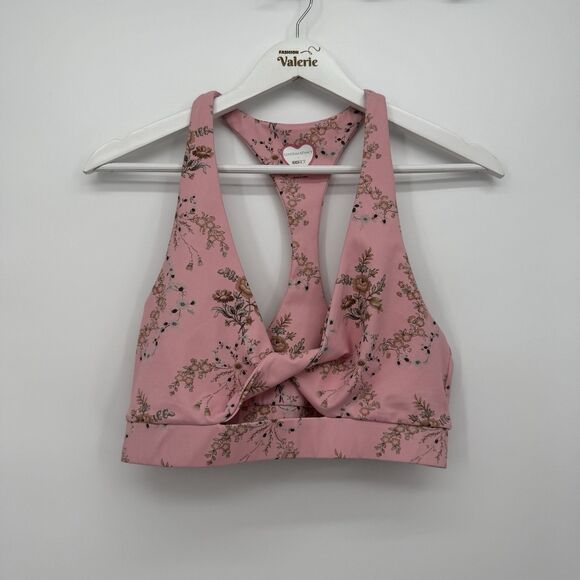 LoveShackFancy x Beach Riot Pink Floral Twist Front Sports Bra Size Large - Picture 1 of 10
